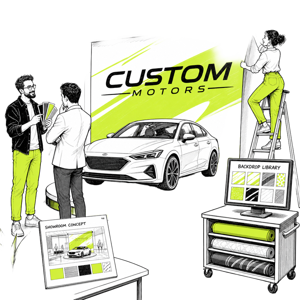 Car in front of custom dealership backdrop