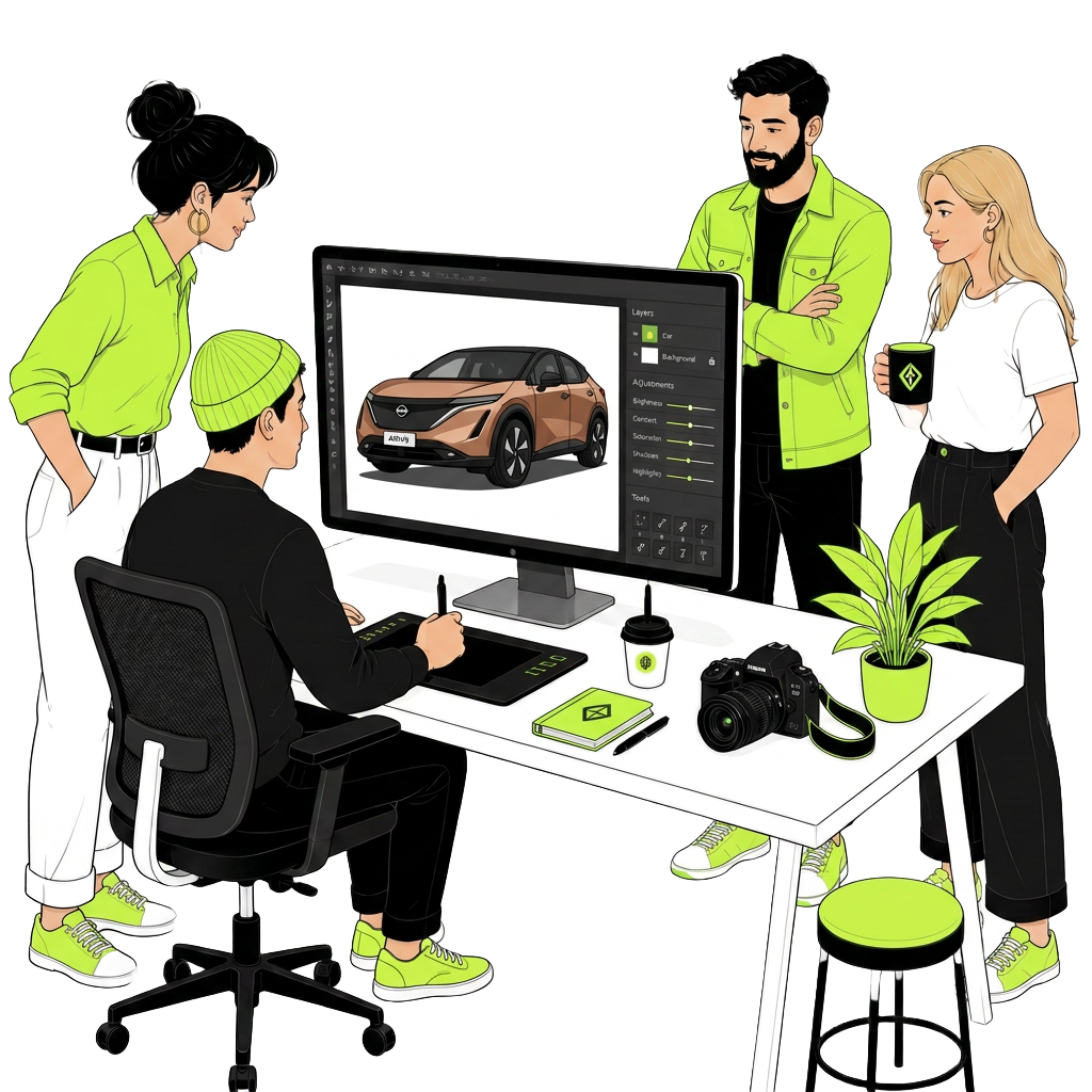 Car Image Clip editing team collaborating around a workstation editing a car photo